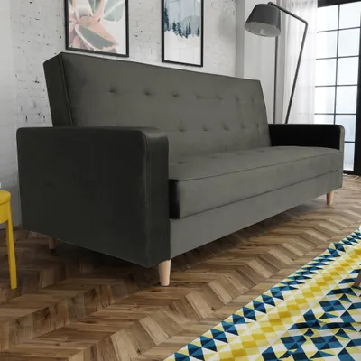 Produktbild von Schlafsofa im skandinavisches Stil Bamako Polstersofa mit Holzbeine Sofa mit Schlaffunktion Bettkasten Couch aus Velour, Farbe: Khaki-grau, Kronos 15
