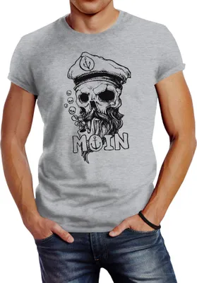 Produktbild von Herren T-Shirt Moin Kapitän Totenkopf Anker Bart Hamburg Fashion Streetstyle Neverless®  grau 4XL