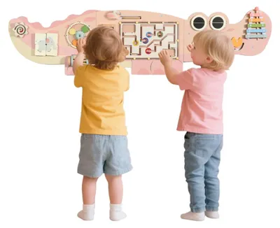 Image de Panneau d'activités en bois - Mur sensoriel Montessori - Motif crocodile - Jouet éducatif - 0 à 3 ans - Rose