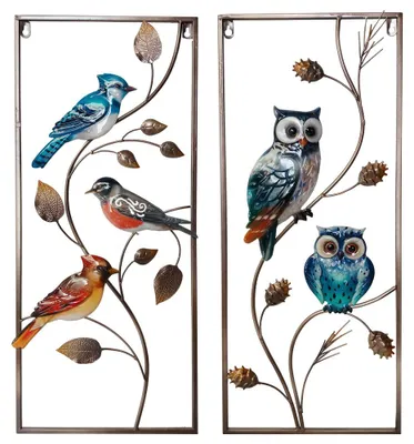 Produktbild von Wandbilder, Metall, Bunt, Garten, 2er Set, Vögel und Eulen, H 69,5 cm