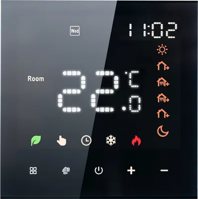 A digital thermostat display showing the current room temperature, time, and various icons representing different functions or modes.
