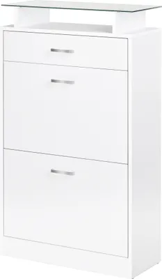 Image de HOMCOM Armoire à Chaussures Meuble rangement Chaussures 2 Portes abattantes 2 Compartiments, tiroir, Plateau en Verre - Bois chêne Blanc