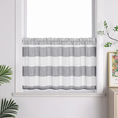 Produktbild von Joyswahl Scheibengardine mit Tunnelzug Bistrogardine gestreifte Kurztores Landhausstil Küche Gardinen Halbtransparent Grau BxH 90x45 cm