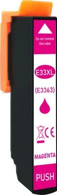 A magenta ink cartridge with an orange protective clip.