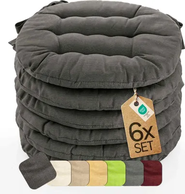 Produktbild von etérea Sitzkissen rund - Stuhlkissen Indoor & Outdoor 6er Set 38x38 cm - Anthrazit - mit Bändern