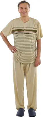 Produktbild von Pyjama Herren lang Schlafanzug Schlafkleidung Nachtwäsche, Farbe:Beige, Größe:3XL