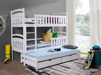 Produktbild von KEF Katrin Etagenbett Kinder Etagenbett 3 Personen Holz Kinderbett mit Schubladen ohne Matratze Leiter Links Weiß 80x170 cm