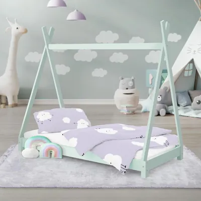 Obrázek produktu pro ML-Design dětská postel tipi 70x140 cm s roštovým rámem, mátově zelená, indiánská postel z borovicového dřeva podlahová postel dřevěná postel postel pro mládež postel domeček na hraní postel stan