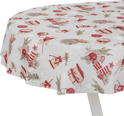 Produktbild von Tischdecke Weihnachten Weihnachtsschmuck Weiß Rot Oval 240x140cm Schnittkante Wachstuch abwaschbar