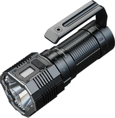 A black LED flashlight with a handle is shown against a white background.