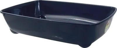 A dark blue cat litter box is shown from a side angle against a white background.