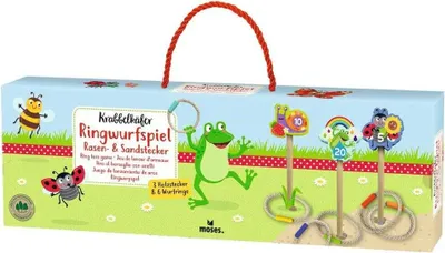 Produktbild von Moses Krabbelkäfer Ringwurfspiel, Wurfspiel für draußen mit 3 Holzsteckern und 6 Wurfringen