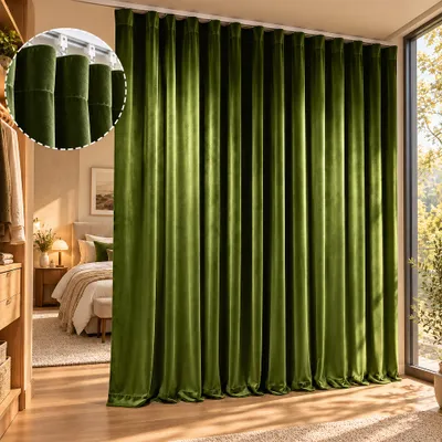 Imagen del producto de Cortina divisoria de gran tamaño, de terciopelo, con ganchos para riel, color verde, opaca, cortina divisoria, cortina térmica para dormitorio o salón, dimensiones: 254 cm de ancho x 214 cm de alto