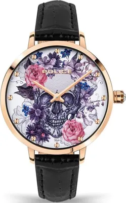 A close-up studio shot of a women's wristwatch with a skull and floral design on the face.