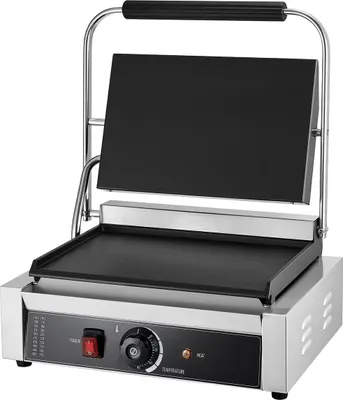 Zdjęcie produktu dla Komercyjny grill do panini, elektryczna maszyna do kanapek o mocy 2200 W, grill do kanapek ze stali nierdzewnej z uchwytem i regulacją temperatury, płaska emaliowana płyta o wymiarach 34 x 23 cm, do hamburgerów, steków i bekonu.