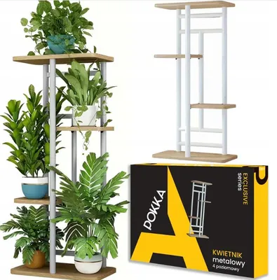 A product image showing a metal plant stand with wooden shelves, decorated with plants, and a product box.