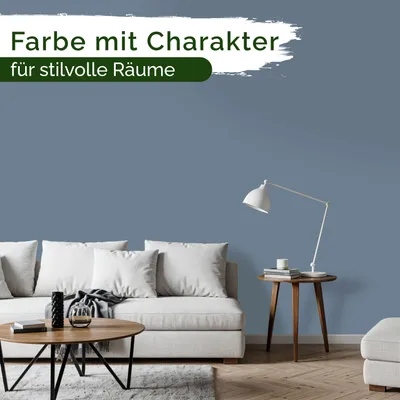 Produktbild von Wandfarbe Blau Grau Hellblau Matt Innenfarbe – Deckkraft Klasse 1, VOC-frei, Ohne Grundierung, Tropfarm – Wohnzimmer & Schlafzimmer – 1L – Veluxis (Slate Blue)