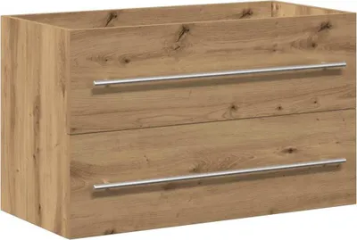 A product shot of a wooden bathroom cabinet with two drawers and silver handles.