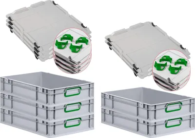 Produktbild von SparSet 5x Eurobox NextGen Color mit Auflagedeckel und Schiebeschnappverschlüsse | HxBxT 12x40x60cm | 23 Liter | Grau | Griffe grün geschlossen | Glatter Boden | Eurobehälter, Transportbox, Transportbehälter, Stapelbehälter