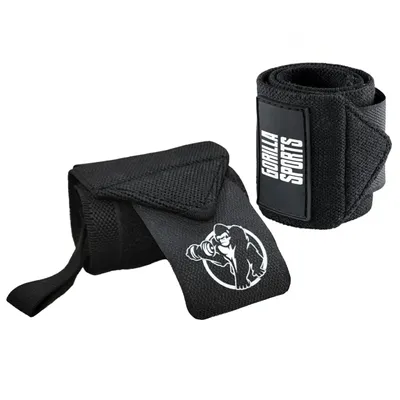 Two black wrist wraps for weightlifting, one unrolled and one rolled.