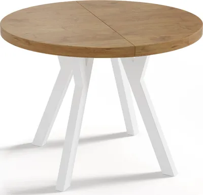 Obrázek produktu pro Designový Kulatý Rozkládací Jídelní Stůl – Styl Podkroví, Industriální, Úsporný – Bílé Nohy – 100–150 cm – 6–8 Míst na Sezení  –Dub Lancelot - 150 cm
