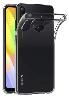 A clear silicone phone case is shown on a black Huawei Y6p smartphone.