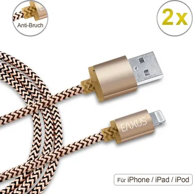 Produktbild von 2x Daten-Ladekabel 8pin USB, Gold, 3m für iPhone 5, 6, 7+ iPad, Anti-Bruch Eaxus