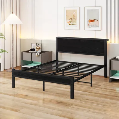 Produktbild von 140x200 cm Metallgestell mit Stauraum-Kopfteil, Einzelnes Metall-Plattformbettgestell, Geräuschfrei, Metalluntergestell, Schwarz (Ohne Matratze)