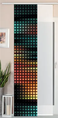 A sliding curtain with a square pattern of colorful lights.