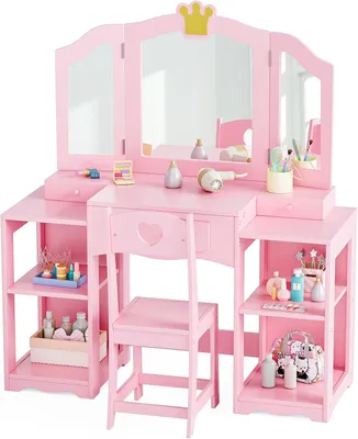 Produktbild von FCH Kinder Schminktisch Prinzessin mit Hocker, Frisiertisch mit dreifach klappbarem Spiegel, Regale, Schublade, Rosa