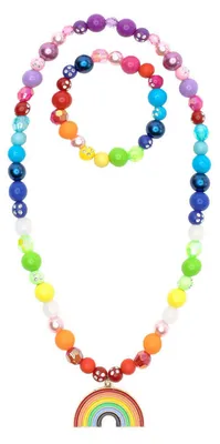 Produktbild von Regenbogen Halskette Armband Set mit buntem Perlen-Anhänger