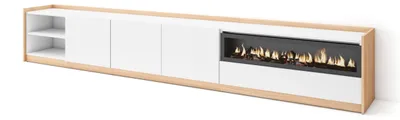 Produktbild von TV-Schrank, Lowboard, 310x37x50cm, Für TV-Geräte bis zu 80", Elektrokamin., Weiß und Eiche Soft