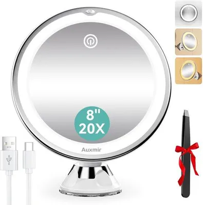 Image de Miroir de maquillage grossissant 20x avec éclairage, 20 cm, rechargeable, pivotant à 360°, pour la maison ou les voyages