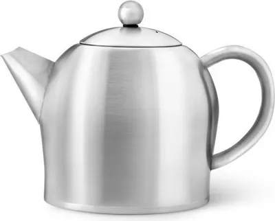 A studio shot of a silver teapot on a white background.