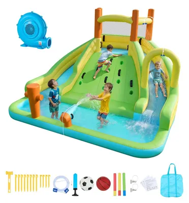 Immagine prodotto di VEVOR Castello gonfiabile acquatico (405 x 347 x 255 cm), con parete da arrampicata, elementi gonfiabili, 2 scivoli d'acqua alti, piscina per bambini e mini campo da calcio, per 3–4 bambini (da 3 a 8 anni)