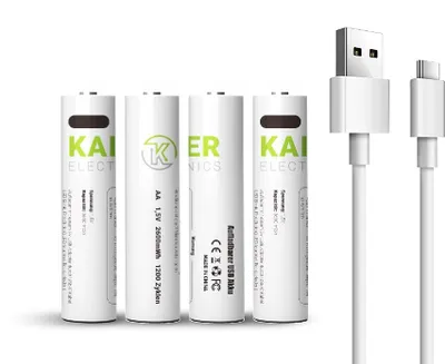 Four white rechargeable AA batteries with green branding and two white USB cables with USB-A and USB-C connectors.