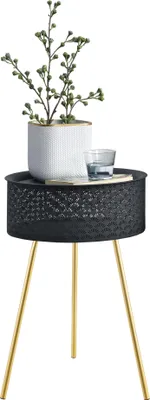 A small side table with a plant and a glass of water on it.