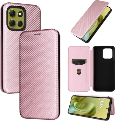 Productafbeelding van Voor Motorola Moto G86 5G: Carbonvezel hybride kunstleer flip hoesje, roze