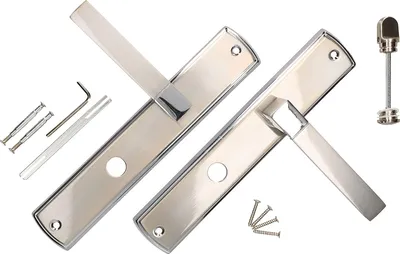 A set of door handles and mounting hardware is laid out on a white background.