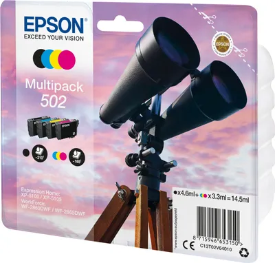 Produktbild von Epson Multipack 4-colours 502 Ink, Standardertrag, Schwarz, Cyan, Magenta, Gelb, 4,6 ml, 3,3 ml, 1 Stück(e), 210 Seiten