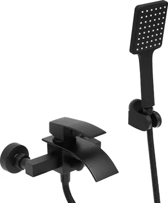 Produktbild von Badewannenarmatur mit Handbrause - Wandmontage - Wasserfall-Auslauf - 2-Wege-Auslass - Einhebel - Keramikkartusche - 1/2 Zoll Gewinde (1,27 cm) - Schwarz