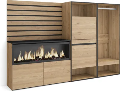 Produktbild von Sideboard, Kommode, 227x35x145 cm, Für Schlafzimmer, Zimmer, Elektrokamin XXL, Schuhschrank, Offener Kleiderschrank, Eiche farbe