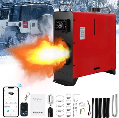 Obrázok produktu pre Prenosný dieselový ohrievač s Bluetooth, 8 kW, 12V/24V, s 4 výstupmi, 5-litrová nádrž, LCD displej a diaľkové ovládanie, mobilný ohrievač pre obytné prívesy a nákladné vozidlá, červený