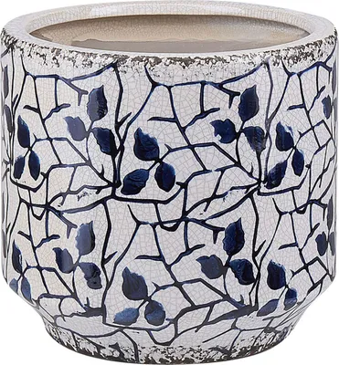 Produktbild von BELIANI Blumenvase Weiß Steinzeug Handgefertigt 15 cm mit Blauem Blumenmotiv Wasserdicht Deko Accessoires Wohnzimmer Schlafzimmer Flur Kamin