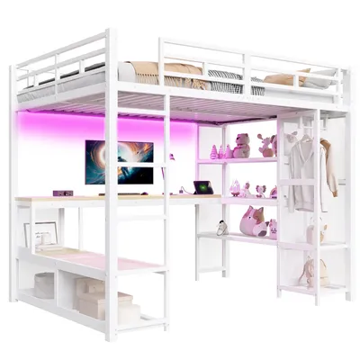 Produktbild von Hochbett mit RGB LED-Streifen, Schreibtisch, Lattenrost, Trittleiter, Kleiderschrank, USB, Rausfallschutz, 140x200cm, Kinderbett, Metallbett