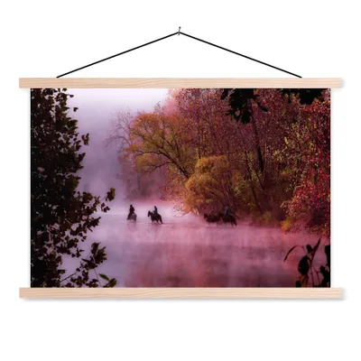 Produktbild von MuchoWow® Textilposter Pferde - Nebel - Wald 60x40 cm mit holzfarbenen Rahmen - Bilder