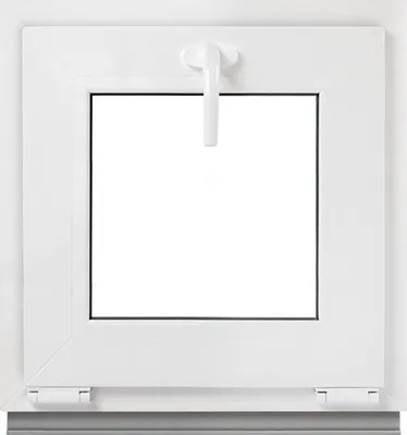 A white frame window with a clear glass pane and a white handle.