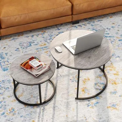 Productafbeelding van Set van 2 Ronde Bijzettafels met Metalen Frame - Ideaal voor Woonkamer en Slaapkamer