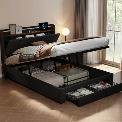 Image de UnboxG Lit rembourré double 160x200 cm,Lit hydraulique 160x200 avec sommier à lattes et coffre de rangement,Tête de lit avec LED et station de charge USB,Lit de rangement fonctionnel en bois massif et lin, noir