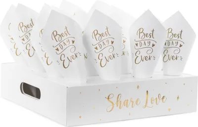 Produktbild von Konfetti Tüten für Hochzeit 16 Stück mit Halter Box Weiß / Gold
